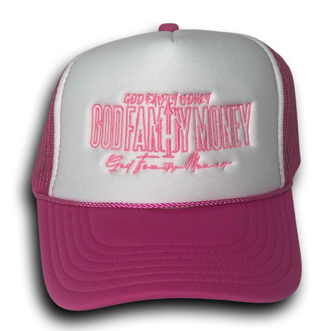 God Family Money Trucker Hat (Pink/White)