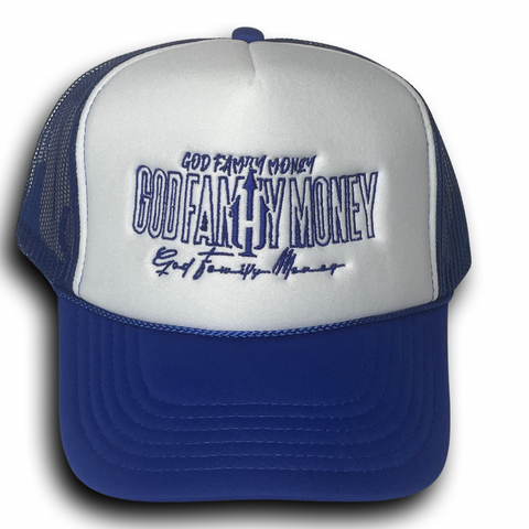 God Family Money Trucker Hat (Blue/White)